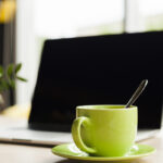 7laptop green ceramic coffee cup work desk